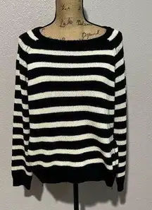 Cupcakes and Cashmere Long Sleeve Navy Stripe Knit Sweater with Zipper Detail