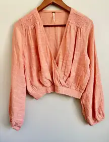 Free People Shirt‎ Size S Long Sleeve Wrap Blouse Crop Top Pink