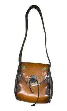 Vintage Hand Tooled Hand Painted Leather Purse Brown Grey Pink Floral BoHo 70’s