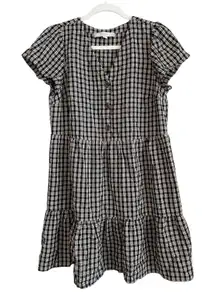 LOFT Women Black White Plaid Tiered Shirtdress Short Sleeve Button Front Size PM