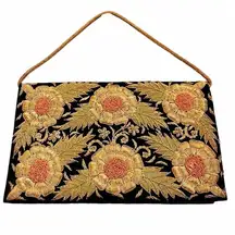 VINTAGE ZARDOZI Metal Embroidered Envelope Clutch Gold Black Velvet Handmade