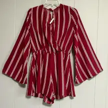 PEPPERMENT Vneck Long Flare Sleeves Back Tie Burgundy Stripe Short Romper Size M