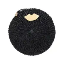 Clare V. Black Woven Raffia Circle Clutch Gold Lips Detail Summer Vacation Bag