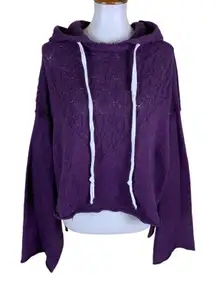 Free People Purple Knit Hooded Sweater Cropped Boho Cozy Slouchy Hoodie Medium