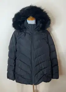 Lands' End Max 600 Down Puffer Jacket in black removable faux-fur hood 2X PLUS