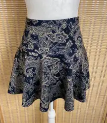 Blue & Tan Paisley Flare Mini Skirt Size Medium