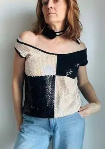Vintage 90s Sequin Sweater Vest Black White Embellished  size Medium Knit