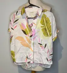 Cynthia Rowley 100% linen Multicolor Leaf Button-Down Shirt FARM RIO vibes