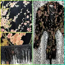 Lucy Paris Black Pink burnout velvet Floral duster robe chainette fringe sheer S