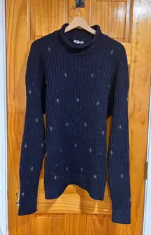 Vintage Giorgio Armani Navy Wool Silk Rolled Neck Sweater XL Embroidered Florals