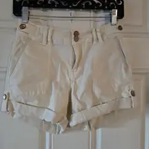 BKE Payton Stretch Shorts Women Size 24 Vanilla Cuffed Buckle Denim EUC Y2K Boho