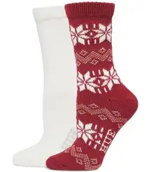HUE Womens Boot Socks 2 Pack Heavyweight Fair Isle Snowflake Red Cream One Size