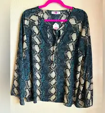 NWT Buddy Love Tie Front Split Bell Sleeve Blue and Beige Snake Print Blouse S