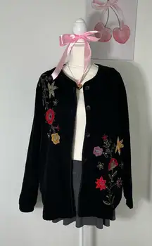 Floral Embroidered Button Long Cardigan Sweater Black Indie Grunge‎ Womens M