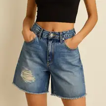 American Eagle Women’s Size 8 Longline Jorts‎ Dad Shorts Blue Denim Baggy Frayed