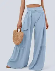 Breezeful High Waisted Shirred Tie Front & Back Plicated Wide Leg Flowy Pants, L