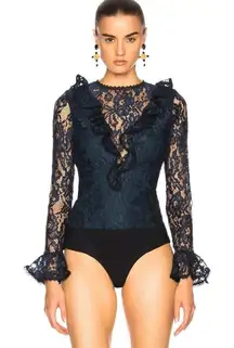 Alexis Bodysuit Womens Small Navy Lace Ruffle Pollie Illusion Long Sleeve Top