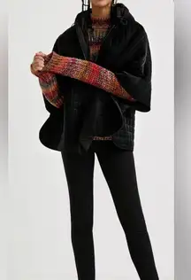 Desigual Black Padded Poncho With Hood One Size Fits Most
