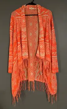 BLU PEPPER Neon Coral Knit Aztec Fringe Cardigan Size Medium