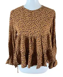 Zara Brown Floral Ruffle Babydoll Blouse S Cottagecore Boho Fall