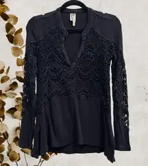 XCVI Bohemian Black Lace Long Sleeve Top Size XS