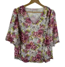 Cato Floral Blouse Size 14/16W Multicolor‎ V-Neck Cottagecore Romantic Spring