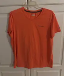 Merrell Women Orange Striped V Neck Athletic T Shirt Top Size L