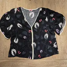 Kate Spade Deco Bloom Crepe Blouse‎ Black Floral Lotus Size M