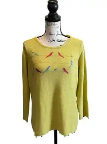 Susan Bristol Hand Embroidered Sweater Birds Chartreuse Green Yellow Size Medium