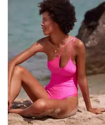 NWT Aerie Shine Rib One Shoulder Full Coverage One Piece Swimsuit Pink