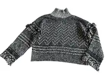 Magaschoni Black White Pullover Turtleneck Sweater Fringe Bohemian Boho Sz Small