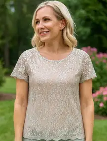 Joie Tan Silver Floral Lace Embroidered Overlay Blouse Dainty Feminine Party S