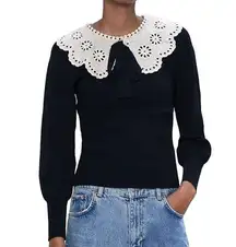 ZARA black ribbed sweater with contrasting white embroidered collar size Small