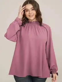 Bloomchic Plain Lantern Sleeve Ruffle Trim Mock Neck Mauve Blouse 22 24 3X NWT