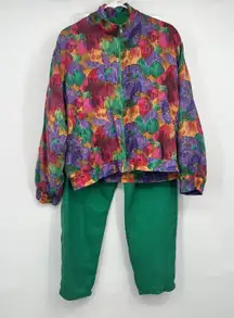 Malcom Flowers Silk Windbreaker Jacket Pant Set 80’s Colorful Floral