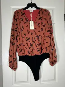 Allie Rose Women's Rust/Feather Long Sleeve Thong Bodysuit Size Large