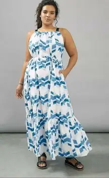 Peter Som Anthropologie Larissa maxi dress white with blue chevron pattern sizeS