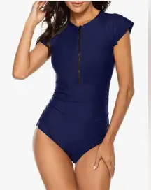 NEW Modest 1 Pc Bathing Suit Short Sleeve Tummy Control Swimsuit Zipper M