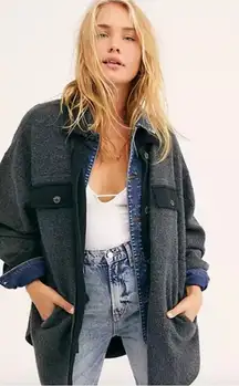 Free People Women's Gray Button Down Shirt Jacket Oversized Coat Shacket
