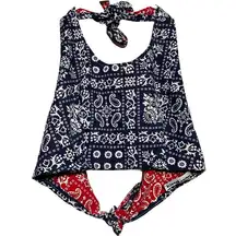 VTG Sportivity Bandana Top Halter Neck Tie Reversible 80 Backless Paisley Navy L