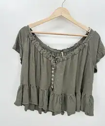 Free People  Olive Green Short Ruffle Babydoll Short Sleeve Button Top Women S