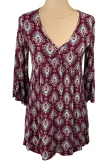 Andree Tunic Top Mini Dress Size S Small Burgundy V-Neck Flutter Sleeve