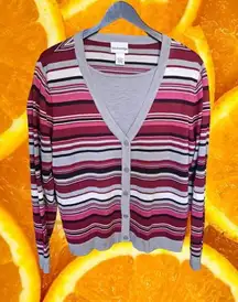 Breckenridge Red,‎ Pink Gray and White Striped Cardigan w/Attached Shirt Size L