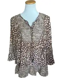 Womens Cupio Animal Print Split Neck Tassel Tie Tiered Tunic Top Blouse - Sz 2X