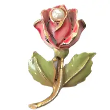 Vintage Red Rose Faux Pearl Gold Tone Brooch Pin Costume Jewelry