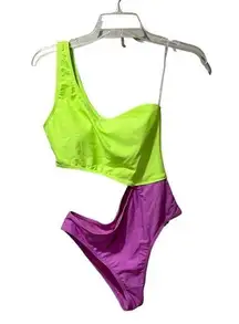 Cabana Del Sol swimsuit one piece one shoulder Small Green Purple Bright NEW