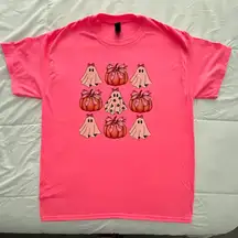 Coquette Ghosts and Pumpkins Neon Pink Halloween Graphic T-Shirt. Size L
