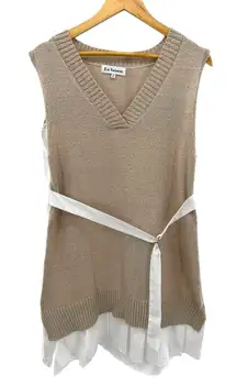 En Saison Sleeveless Knit Tunic Top M Beige Sweater Vest Shirt‎ Hem Tie Waist