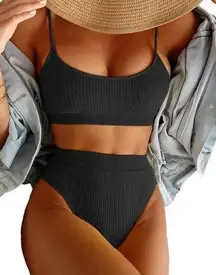 Womens High Waisted Bikini Padded Ribbed Black Bikini Swimsuit Size XL NWT #6661