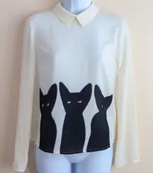 The Moon Cream Long Sleeve Chiffon Blouse Black Cat Print Collar Top Women's S